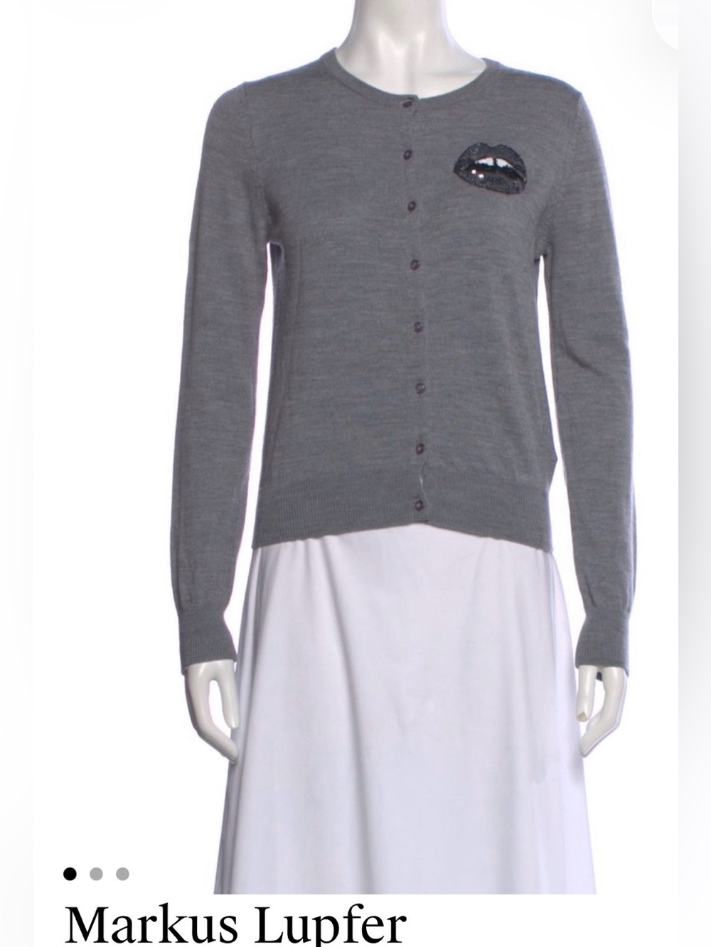 Markus Lupfer Gray Sequin Lip Patch Crewneck Cardigan